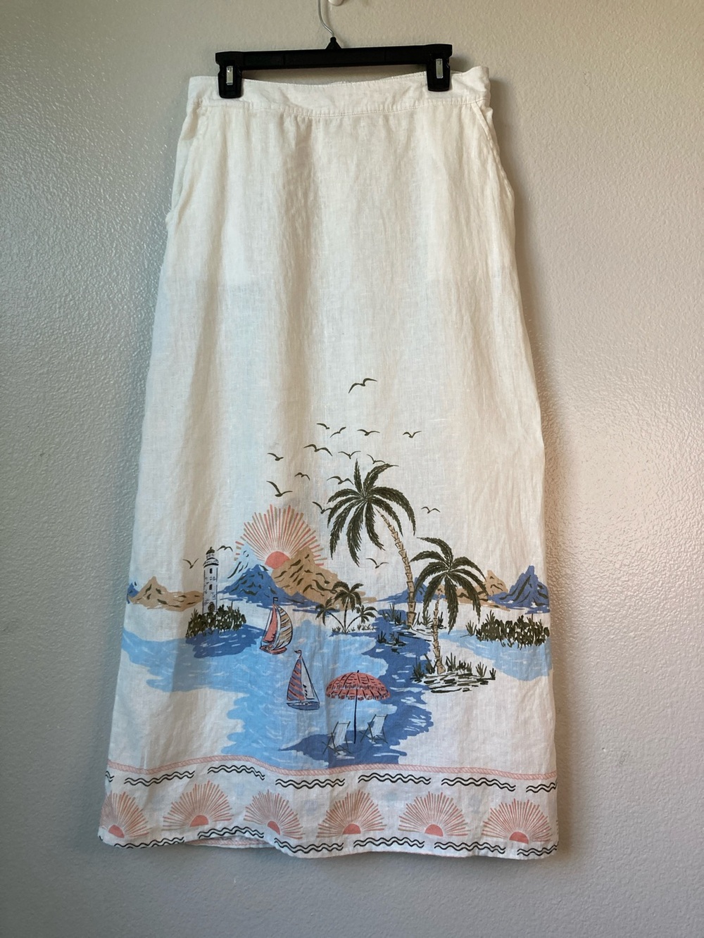 Cynthia Rowley 100% Linen Maxi Pull On skirt Beach Scene Print Resortwear sz M